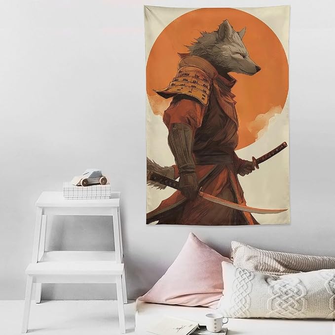JYOUQOC Wolf Samurai Tapestry Wall Decor Large Wall Art Backdrop Flag Hanging for Bedroom Living Room Dorm Office 40"×60"