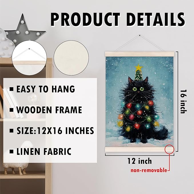 Black Cat Christmas Poster Hanger with Wood Frame, Funny Christmas Winter Wall Art Decor for Home, Cute Black Cat Xmas Tree Holiday Posters for Bedroom Living Room Decor, 12x16 Inch
