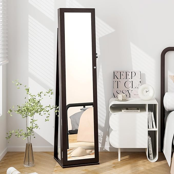 CHARMAID Jewelry Armoire Cabinet with 62" Tall Full Length Mirror, 2-in-1 Lockable Standing Jewelry Organizer with Large Storage Capacity, Inside Makeup Mirror, Stable Base, Easy Assembly (Espresso)