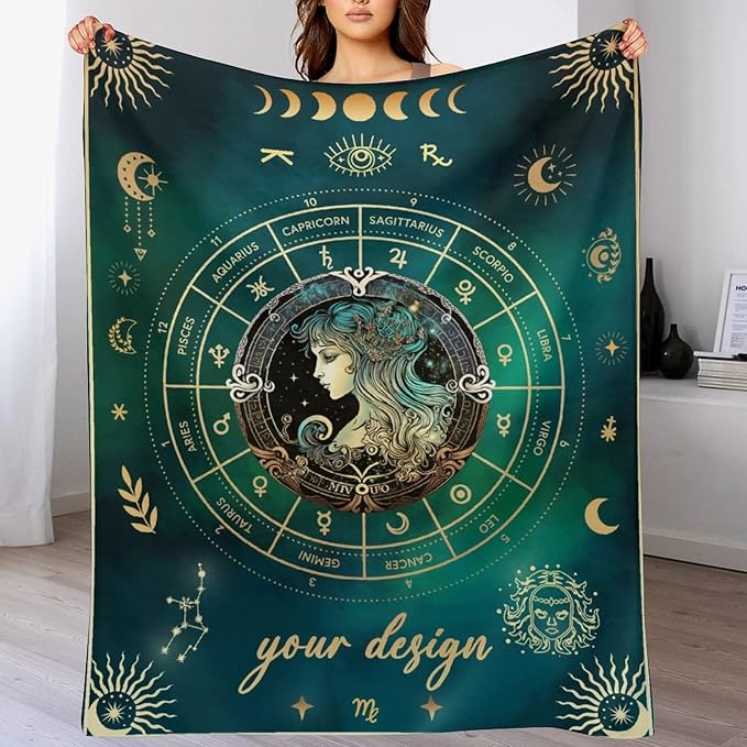 Custom Virgo Blanket Gifts, 50" x 40" Rectangular Flannel Zodiac Throw Blanket Cozy, Personalized Gift for Boys Girls Teen Women Men Tarot Cards Lovers Birthday Anniversary Festival