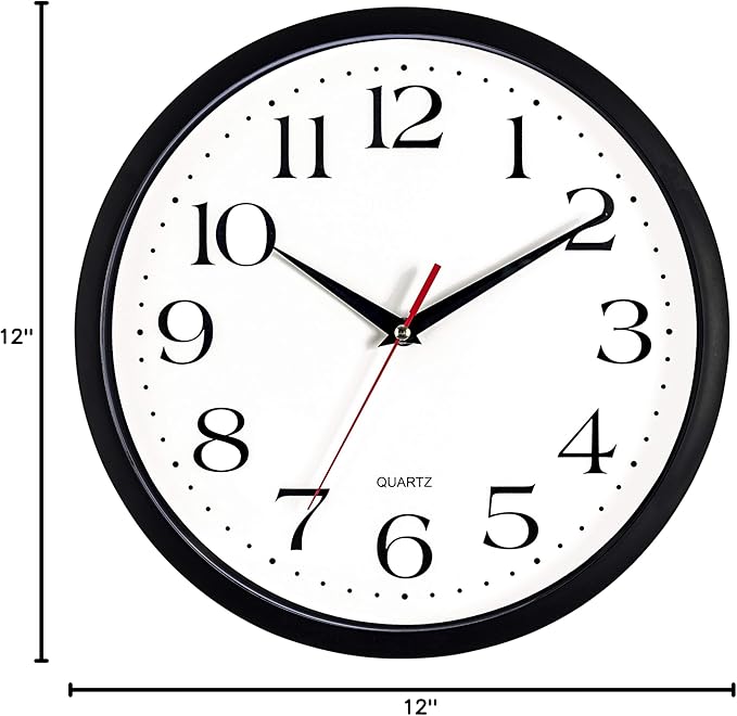 Bernhard Products Black Wall Clocks 2 Pack Silent Non Ticking - 12 Inch Quality Quartz Battery Operated Round Easy to Read Home/Office/Classroom/Business/Kitchen/School Clock