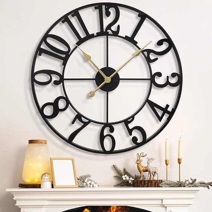 LEIKE Large Wall Clocks for Living Room,Silent,Non Ticking,Battery Operated Oversized Vintage Round Modern Metal Wall Clock for Bedroom,Farmhouse,Office Home Decor-24 Inch(Black-Arabic Number)