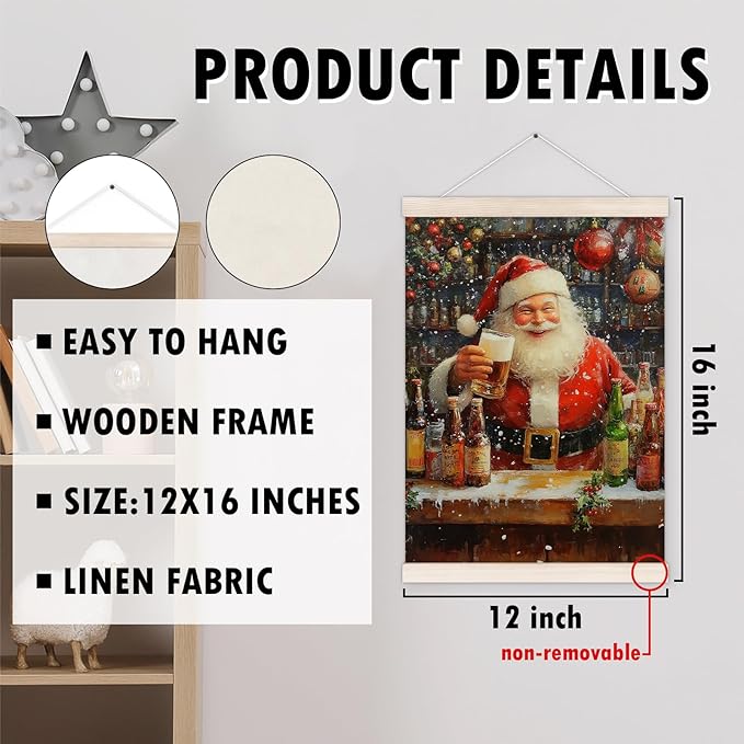 Funny Christmas Santa Bar Poster Hanger with Wood Frame, Winter Christmas Wall Art Decor for Home Bar Cart, Winter Holiday Xmas Santa Posters for Kitchen Dining Room Xmas Party Decor, 12x16 Inch