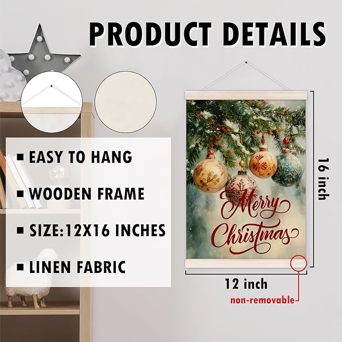 Merry Christmas Poster Hanger with Wood Frame, Winter Christmas Ornaments Bauble Ball Wall Art Decor for Home, Cottagecore Winter Xmas Posters for Bedroom Living Room Decor, 12x16 Inch