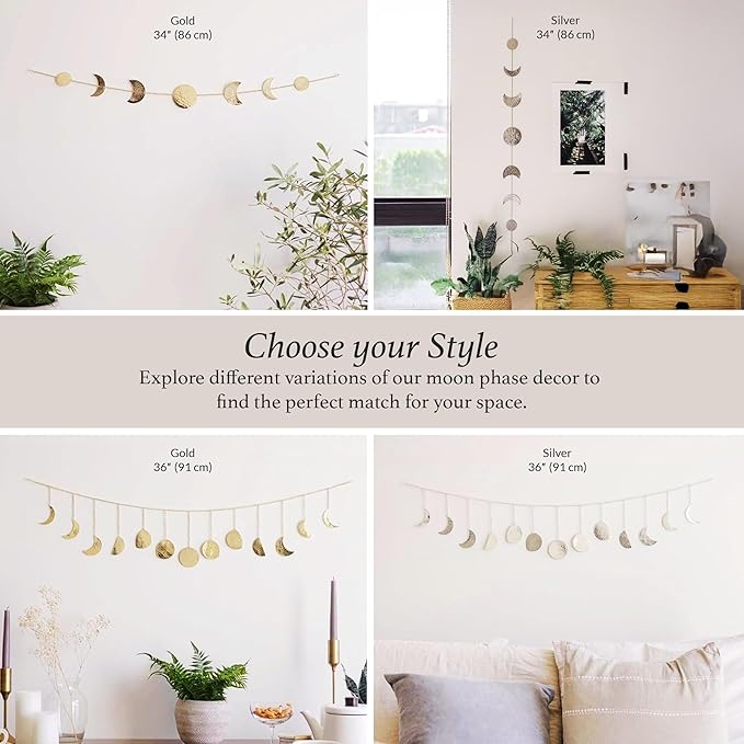 BASE ROOTS Moon Phase Wall Decor, Gold Wall Art for Bedroom, Bohemian and Astrology, Witchy Aesthetic 34" 7 Phases Metal Moon Wall Banner, Celestial Decoration, Gift for Women & Kids