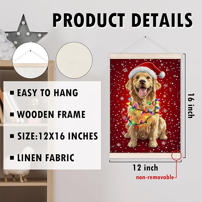 Christmas Golden Retriever Poster Hanger with Wood Frame, Christmas Wall Art Decor for Home, Golden Retriever Gifts for women, Winter Xmas Dog Posters for Bedroom Living Room Decor, 12x16 Inch