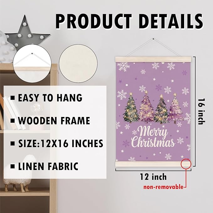 Purple Merry Christmas Tree Poster Hanger with Wood Frame, Winter Christmas Tree Wall Art Decor for Home, Preppy Xmas Winter Holiday Posters for Bedroom Living Room Xmas Party Decor, 12x16 Inch
