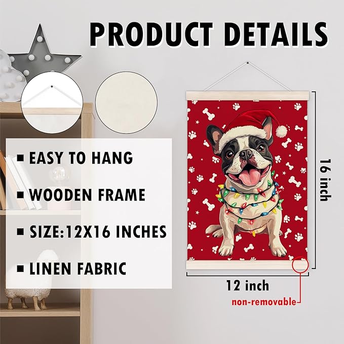 Funny French Bulldog Poster Hanger with Wood Frame, Christmas Dog Wall Art Decor for Home, French Bulldog Gifts for Women, Xmas Frenchie Dog Posters for Bedroom Living Room Decor, 12x16 Inch
