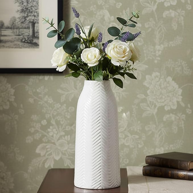 hjn White Vase for Flowers Ceramic Vase for Decor, Modern Decorative Tall Vases for Your Kitchen/Office/Living Room/Bookshelf/Mantel - White Texture(Medium