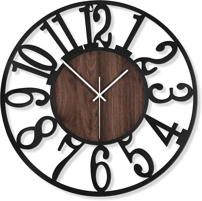 LEIKE Large Wall Clocks,Silent,Non Ticking,Battery Operated Rustic Round Modern Big Wood Wall Clock for Living Room, Bedroom,Kitchen,Farmhouse,Office,Home Decor-16 Inch(Black-Arabic Number)