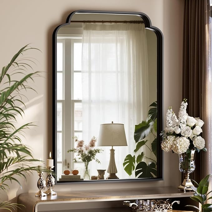 GLSLAND 30"x48" Black Petal Arch Bathroom Mirror Wall Mounted Vanity Scalloped Mirror for Over Sink Modern Decorative Arched Wall Mirror - for Bedroom Living Room Entryway