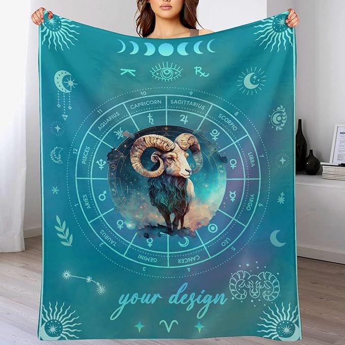 Custom Aries Blanket Gifts, 80" x 60" Rectangular Flannel Zodiac Throw Blanket Cozy, Personalized Gift for Boys Girls Teen Women Men Tarot Cards Lovers Birthday Anniversary Festival