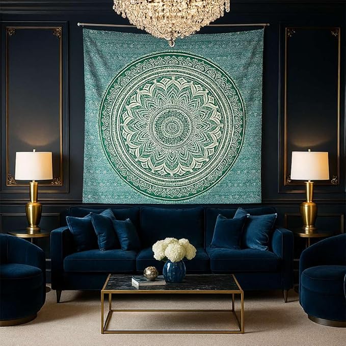 kaarigarh Handicrafts - Bohemian Mandala Tapestry Wall Hanging – Large Turquoise Ombre Indian Cotton Wall Art for Bedroom, Living Room, Dorm Decor & Meditation Space(Sea Green,90X84)