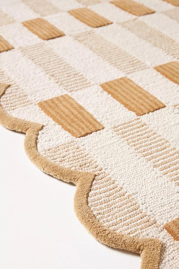 Hand-Tufted Wool Area Rug with Scalloped Edges, Neutral Beige Plaid Pattern, Cozy Soft Accent Rug for Living Room, Bedroom, and Nursery, Handmade Decorative Carpet, 7x7 Ft (Square)