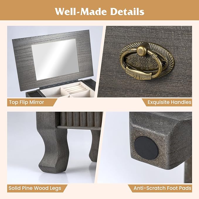 Giantex Standing Jewelry Cabinet with 7 Drawers, Flip-Top Mirror, 2 Side Doors with 12 Necklace Hooks, Divided Ring Compartments, Velvet-Lined Jewelry Armoire Organizer Chest (Weathered Gray)