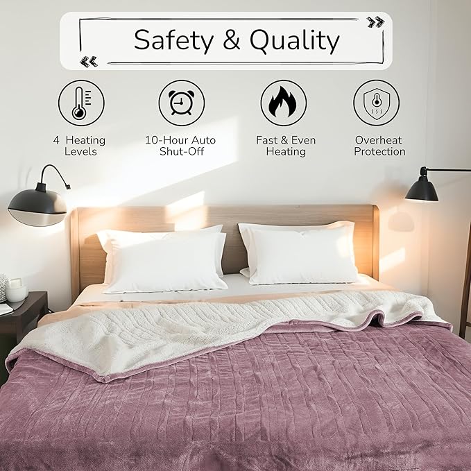 Electric Heated Blanket Queen Size 84"x90" - Dual-Sided with Microplush & Sherpa Fabric, 4 Heat Settings & 10 Hours Auto Off, Dual Controller, Machine Washable - Berry