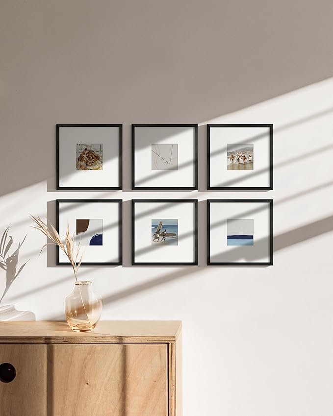 HAUS AND HUES 8x8 Black Metal Picture Frames Matted to 4x4 - Features Premium Aluminum & Hanging Hardware, Shatterproof Plexiglass - Ideal for Home, Room, Office (8x8 in, Black, Set of 15)