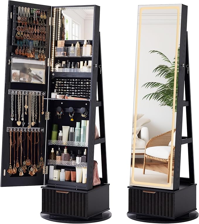 Fluted 360° Swivel Jewelry Armoire Cabinet Standing with Full Length Mirror, Lockable Jewelry Organizers and Drawer Storage with 3 Color LED Lights & Interior Mirror Rear Storage Shelves