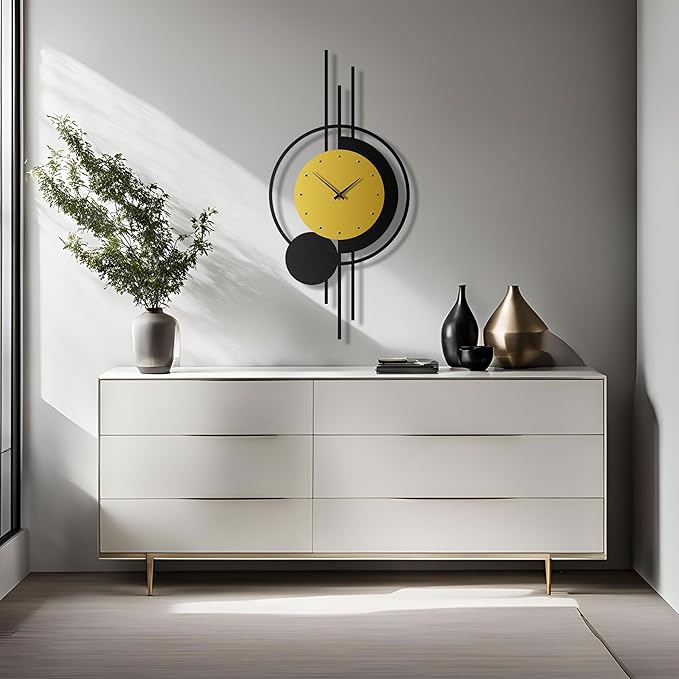 pluviart Geometric Gold and Black Wall Clock – Large Silent Metal Timepiece, Modern Mid-Century Wall Art for Living Room, Office and Home Decor