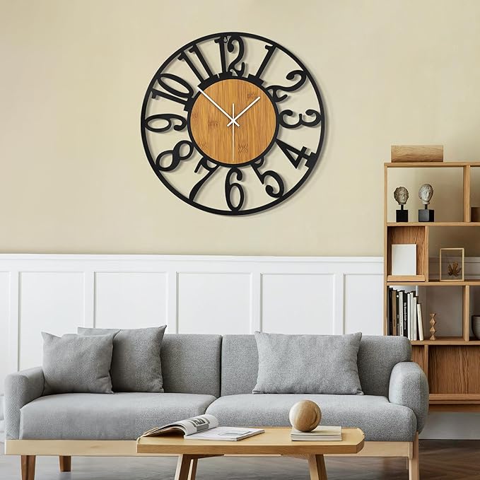 LEIKE Large Wall Clocks,Silent,Non Ticking,Battery Operated Rustic Round Modern Big Wood Wall Clock for Living Room, Bedroom,Kitchen,Farmhouse,Office,Home Decor