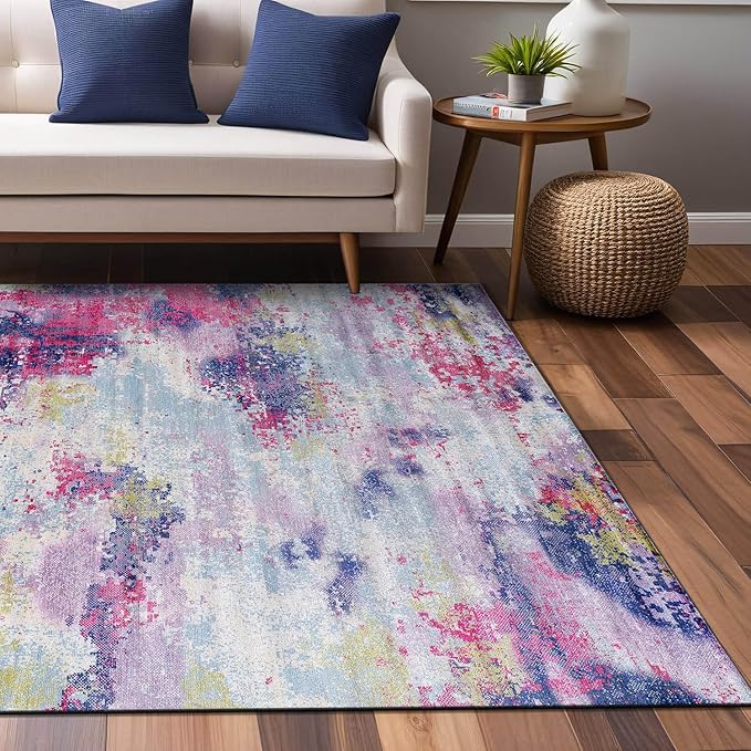 Non Slip Rugs 5x7 Modern Abstract Easy Silk Rubber Backing Soft Area Rug for Living Room Easy to Clean Non Shedding Kitchen for Bedroom Indoor Carpet (Lilac - Purple, 5x7)