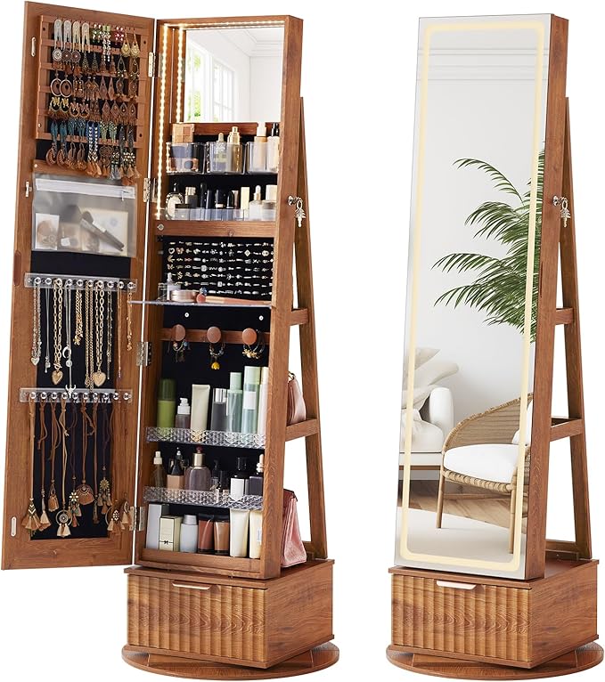 Fluted 360° Swivel Jewelry Armoire Cabinet Standing with Full Length Mirror, Lockable Jewelry Organizers and Drawer Storage with 3 Color LED Lights & Interior Mirror Rear Storage Shelves