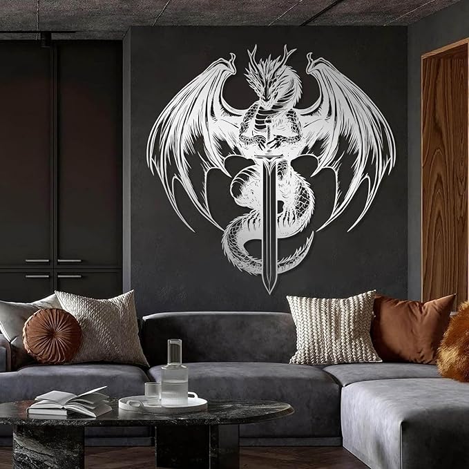 Eliauk Metal Dragon Wall Decor, Dragon With Sword Metal Wall Art, West Dragon Metal Wall Hanging, Unique Wall Decor, Mythology Wall Art, Modern Room Wall Art, Home Wall Decor (White, 32"x32"|80x80cm)
