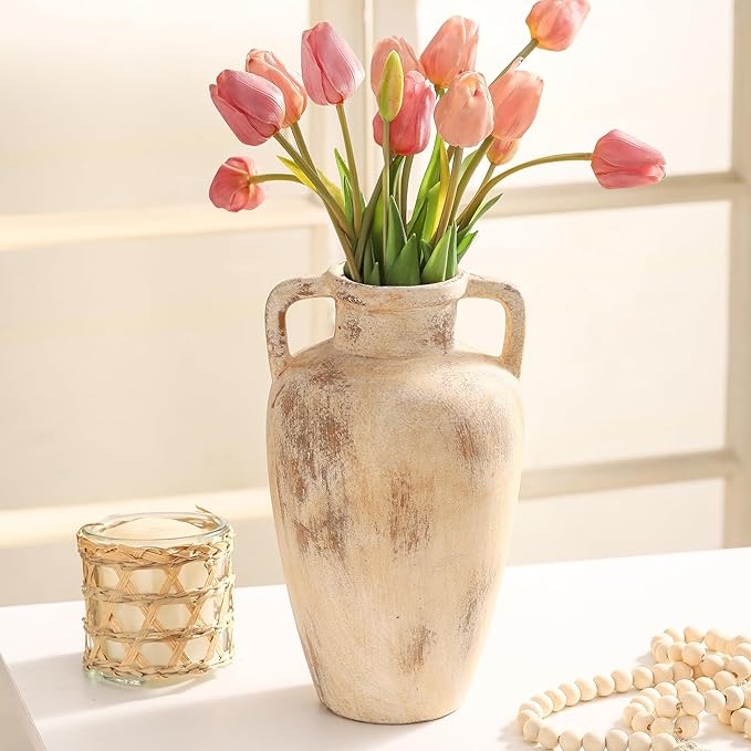 Large Ceramic Flower Vase,11.41 inch Tall Terracotta Farmhouse Rustic Vase with 2 Handles for Home Decor, Living Room Shelf Decor, Enterway, Wedding, Table Decoration