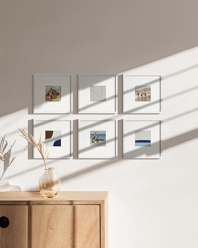 HAUS AND HUES 8x8 White Aluminum Frame Set of 6 - Matted to 4x4, Shatterproof Plexiglass (8x8 in, White)