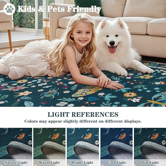 5x7 Area Rugs for Living Room, Washable Rug for Bedroom, Soft Non Slip Indoor Low Pile Carpet for Dining Room, Large Throw Floral Butterfly Carpets for Office Nursery Home Decor, Dark Green