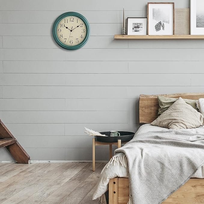 Foxtop Retro Silent Non-Ticking Round Classic Clock 12 Inch Quartz Decorative Battery Operated Wall Clock for Living Room Kitchen Home Office (Turquoise)