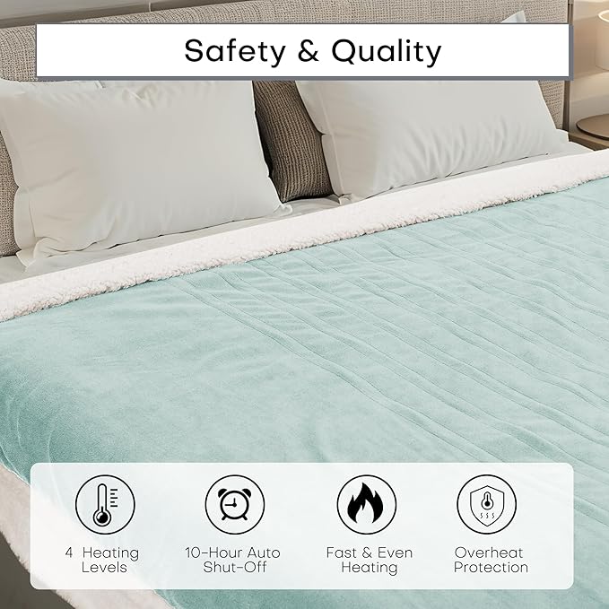 Electric Heated Blanket Throw Size 50"x60" - Dual-Sided with Microplush & Sherpa Fabric, 4 Heat Settings & 3 Hours Auto Off, Machine Washable - Spring Green