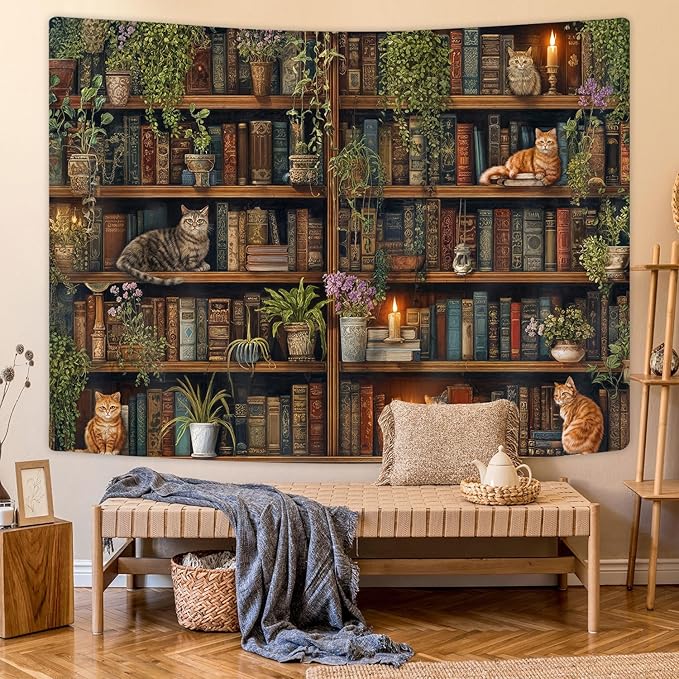 GOAOK Magic Library Tapestry, Green Nature Plant Bookshelf Tapestries for Classroom, Vintage Retro Witchy Library Book Gothic Academics Cat Tapestry for Bedroom Living Room Dorm Office 40X30 Inch