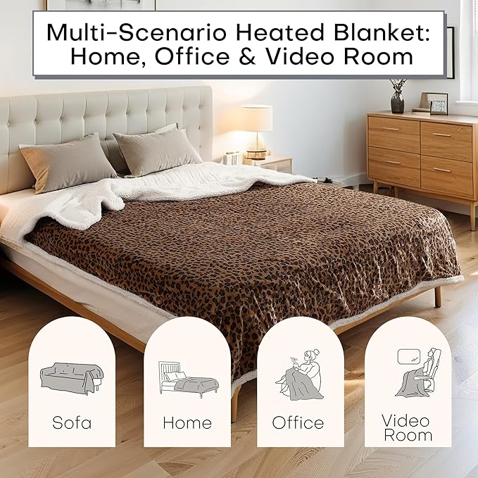 Electric Heated Blanket Throw Size 50"x60" - Dual-Sided with Microplush & Sherpa Fabric, 4 Heat Settings & 3 Hours Auto Off - Leopard Print