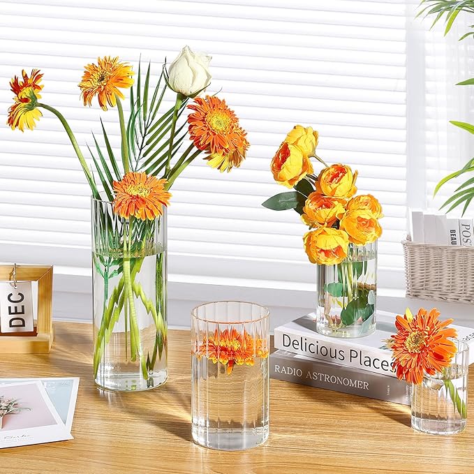 3 Pack Ribbed Glass Cylinder Vases 4,6,10 Inch Tall Clear Flower Vase Hurricane Floating Candle Holder for Table Centerpiece Wedding Home Decor