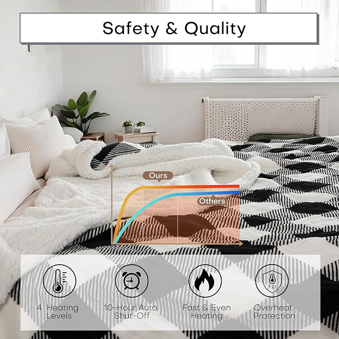 Electric Heated Blanket Full Size 72"x84" Microplush & Sherpa Fabric, Machine Washable 4 Heat Settings & 10 Hours Auto Off - Striped Check