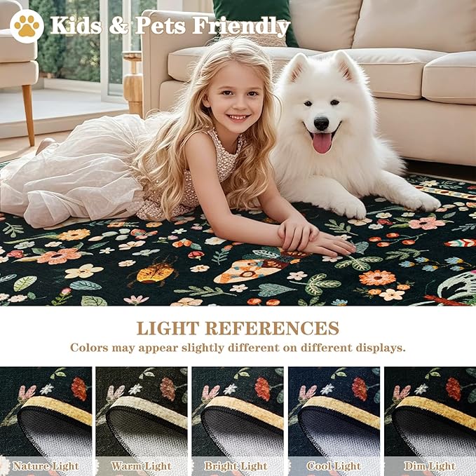 5x7 Area Rug for Living Room, Washable Rugs for Bedroom, Soft Thin Non Slip Indoor Low Pile Carpet for Dining Room, Large Throw Floral Butterfly Carpets for Office Nursery Home Decor, Black