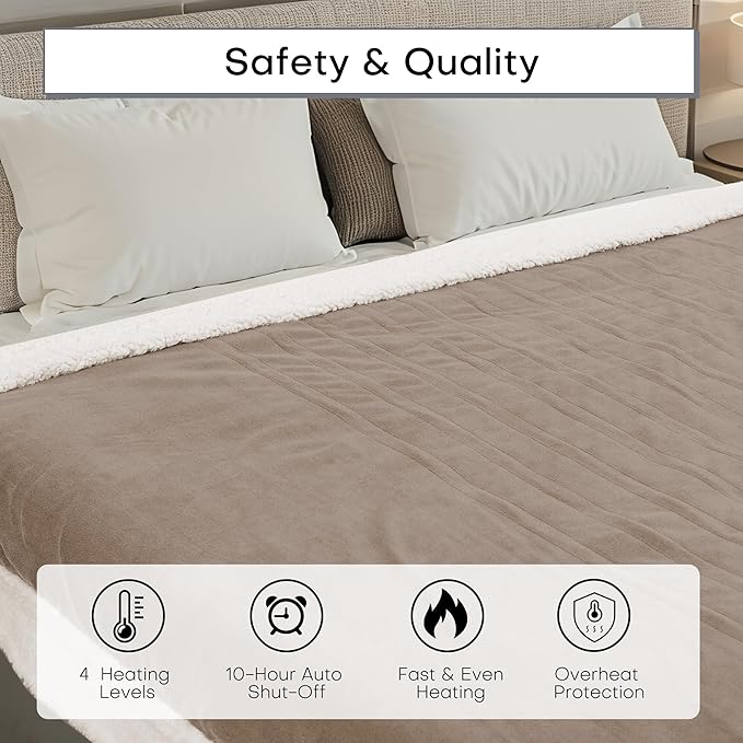 Electric Heated Blanket Full Size 72"x84" - Dual-Sided with Microplush & Sherpa Fabric, 4 Heat Settings & 10 Hours Auto Off, Machine Washable - Light Brown