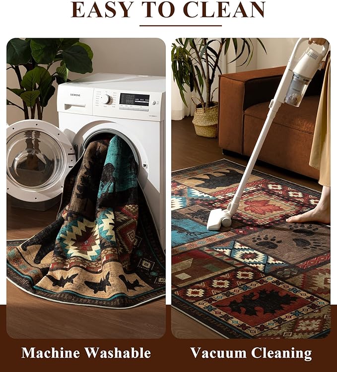 YIHOUSE Rustic Cabin Area Rug 5x7,Machine Washable Lodge Bear Rug,Non-Slip Low Pile Print Pattern Southwestern Rug for Living Room Bedroom