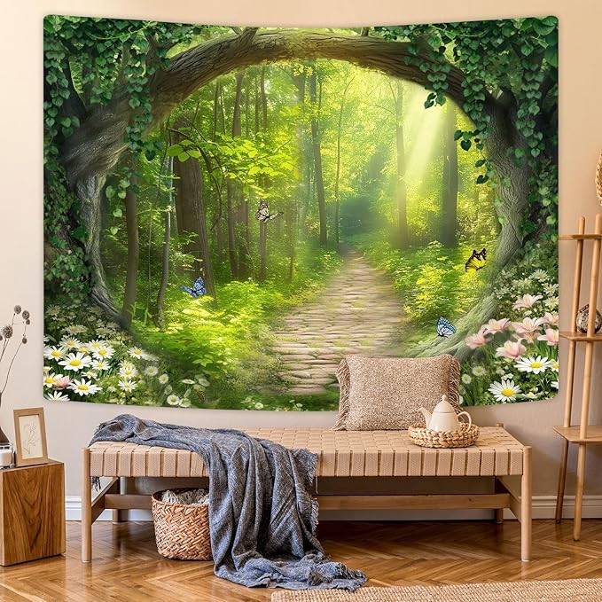 Nature Enchanted Forest Tapestry, Fantasy Green Jungle Woodland Lanscape Tapestry Wall Hanging, Psychedelic Fairy Tree Cave Forest Tapestries for Bedroom Backdrop Office, 80X60