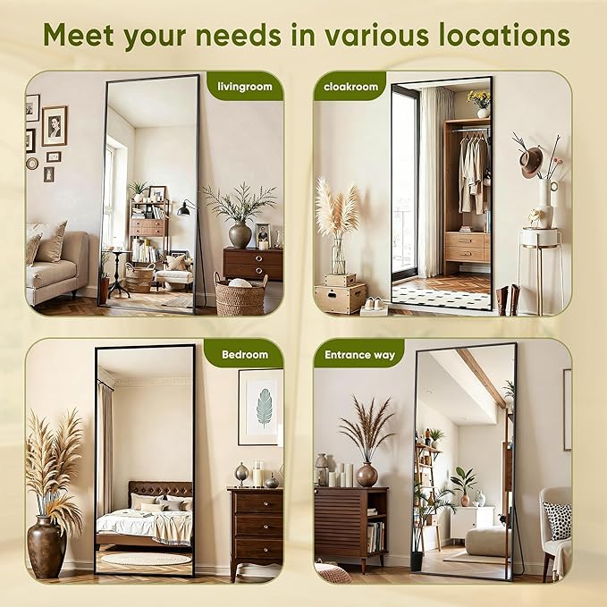 Full Length Mirror, 71"x32" Full Body Mirror, Floor Mirrors with Stand, Body Mirrors Standing Hanging Leaning Against Wall,Aluminum Frame Mirrors for Bedroom Cloakroom,Living Room,Black