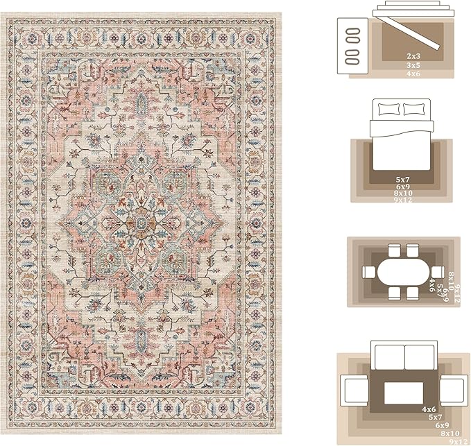 9x12 Large Area Rugs for Living Room Ultra-Soft Washable Rug Vintage Distressed Non-Slip Low Pile Stain Resistant Carpet for Bedroom Dining Room Kitchen Office