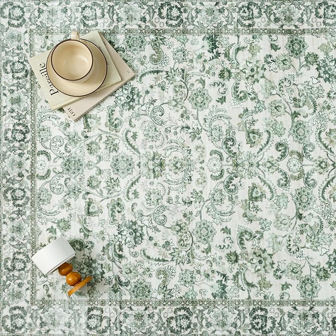 HUGEAR Green Area Rug 6x9 Machine Washable Living Room Rugs Distressed Neutral Vintage Floral Low Pile Carpet Bedroom Office Dining Room Laundry Room Non Slip Soft Lightweight