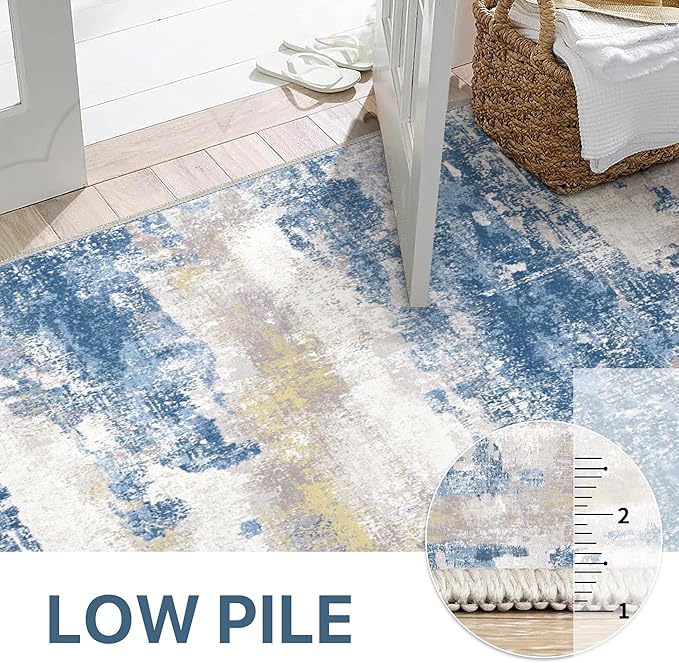 1'5''x2'5'' Rugs for Entryway Entrance Kitchen Bathroom, Machine Washable Modern Abstract Soft Small Rug, Low Pile Indoor Floor Carpet with Non Slip Backing, Blue Cream