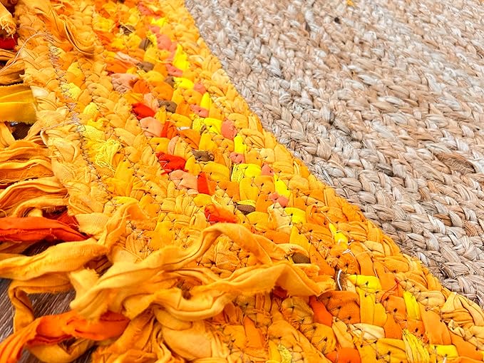 10' Round Handwoven Yellow Jute Chindi Area Rug, Multicolor Bohemian Rustic Throw Rugs for Farmhouse, Bedroom, Dining Room, Classroom, Hallway, Kitchen, Office