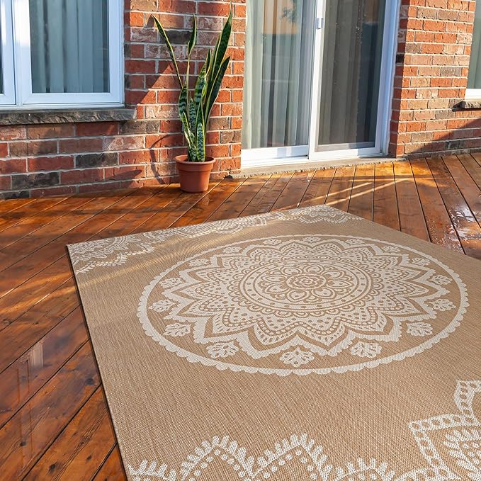 CAMILSON Outdoor Rug 5x7 Modern Area Rugs for Indoor and Outdoor Patios and Porches - Waterproof, Washable, Non-Shedding, Easy-to-Clean Outside Carpet (5 x 7, Medallion - Beige/White)