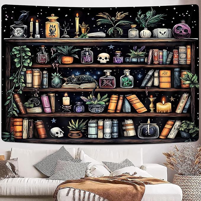 Bookshelf Tapestry Magical Library Witchy Tapestries, Vintage Fantasy Dark Bookshelf Hippie Cool Wall Tapestries Gothic Skull Black Cat Book Aesthetic Decor for Study Classroom, 60X40