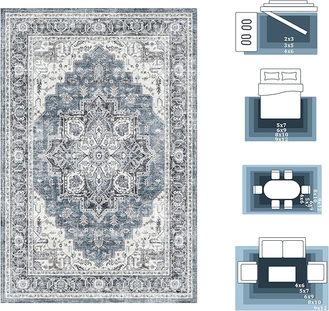 8x10 Area Rugs for Living Room Ultra-Soft Washable Rug Vintage Distressed Boho Area Rug, Non-Slip Low Pile Stain Resistant Carpet for Bedroom Dining Room Kitchen Office