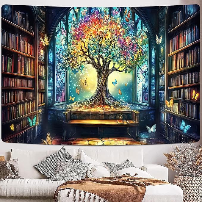 Mysterious Library Tapestry, Fantasy Enchanted Tree Magic Bookshelf Aesthetic Tapestries for Classroom, Witchy Fairy Tree Vintage Bookshelf Book Art Tapestry Wall Hanging College Room Bedroom, 80X60