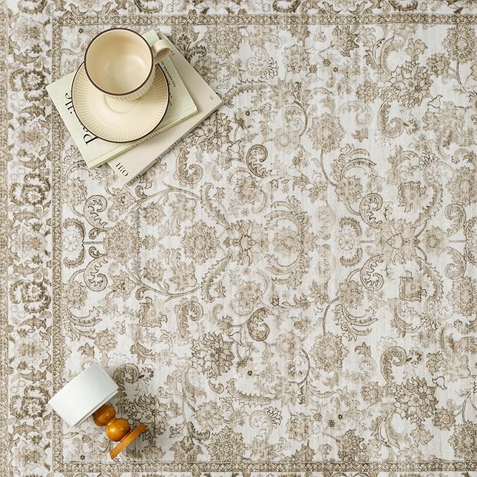 HUGEAR 3x5 Entryway Area Rug Brown Small Rug Machine Washable Door Mat Neutral Vintage Floral Low Pile Carpet Distressed Throw Rug Entrance Kitchen Bedroom Bathroom Office Non Slip Soft Lightweight